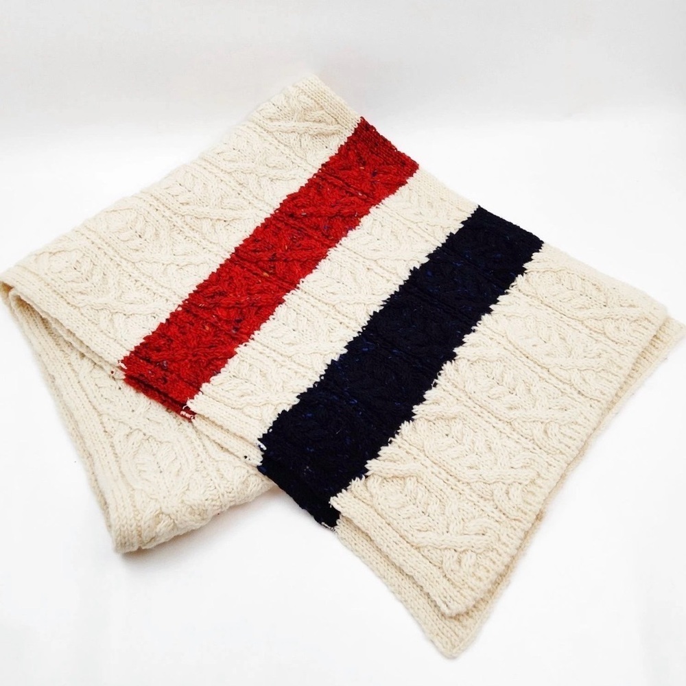 Thom Browne Striped Cable Knit Scarf Ivory w/ Red Navy Signature Stripe Wool